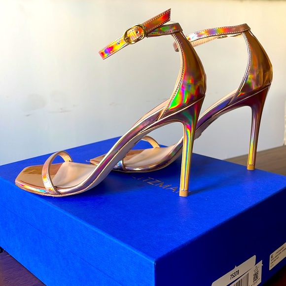 Stuart Weitzman 8.5 Nudistcurve Rose Gold Hologram 4” Heel Sandal